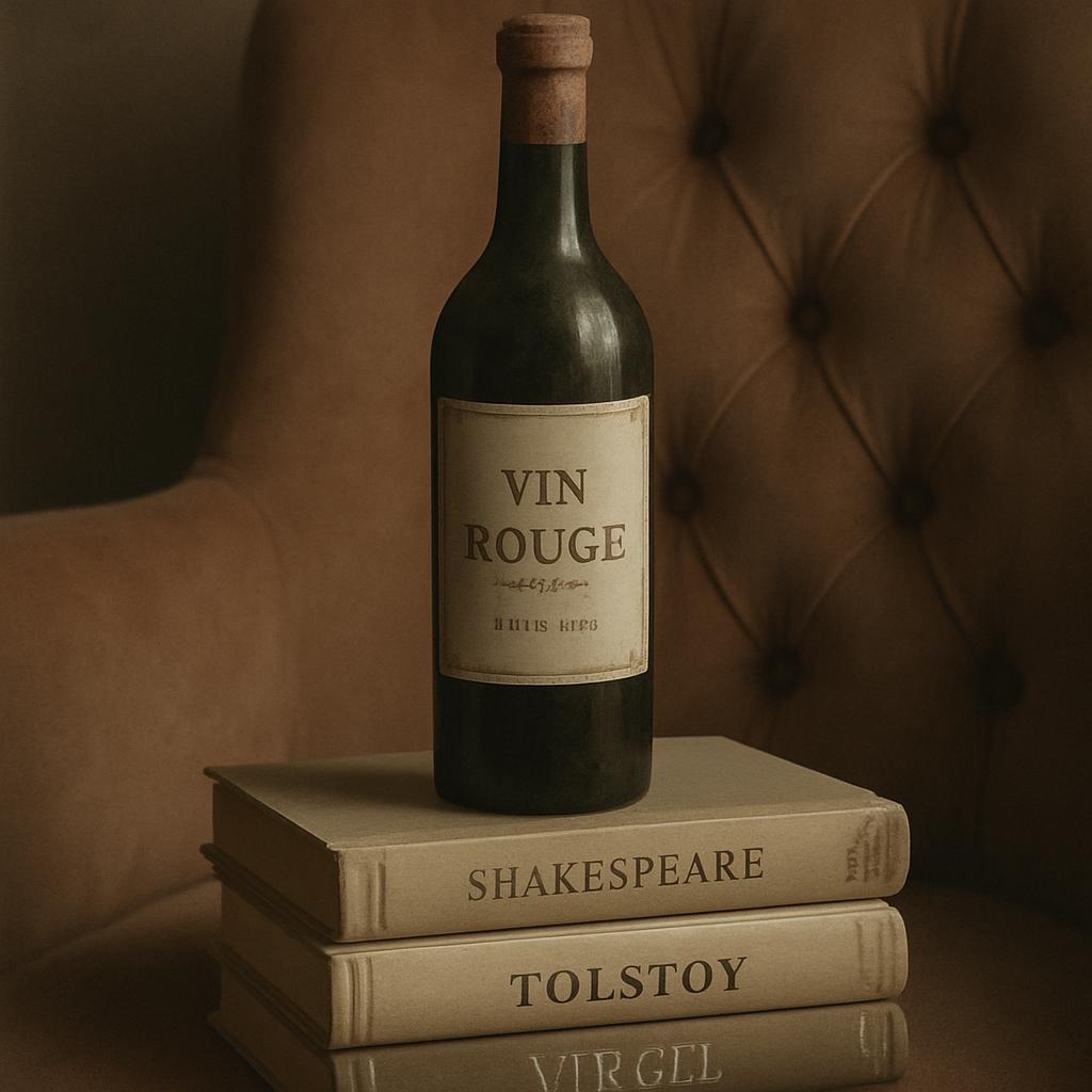 Book and wine next to a tan couch or chair.