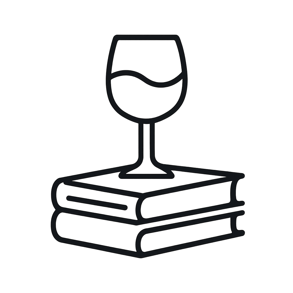 Simple line-drawn illustration of a wine glass on a stack of books.